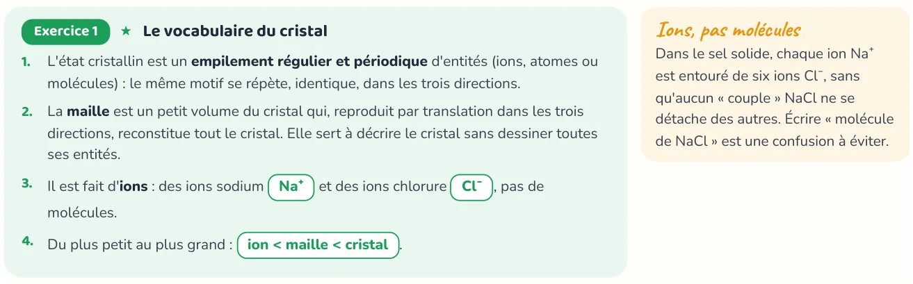 Un corrigé du cahier « Les cristaux ».