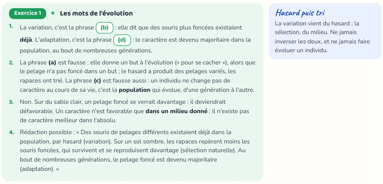 Un corrigé du cahier « L'évolution comme grille de lecture du monde ».