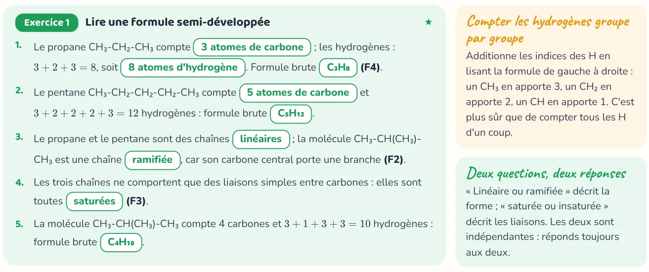 Un corrigé du cahier « Chimie organique : structures et familles ».