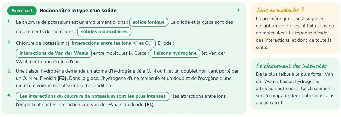 Un corrigé du cahier « Cohésion, dissolution et extraction ».