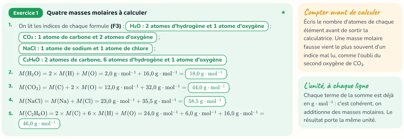 Un corrigé du cahier « Masse molaire, volume molaire et concentration ».