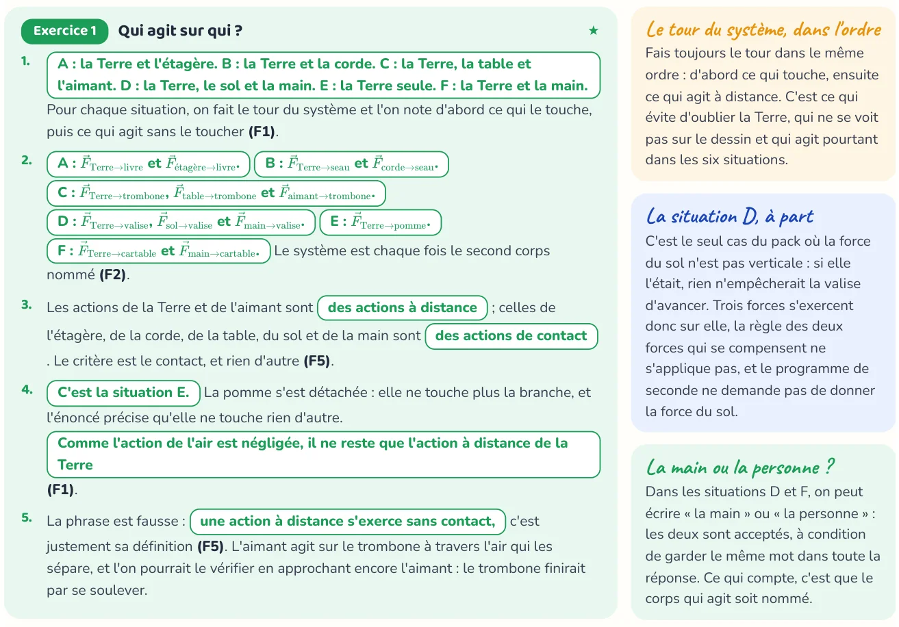 Un corrigé du cahier « Modéliser une action : les forces ».