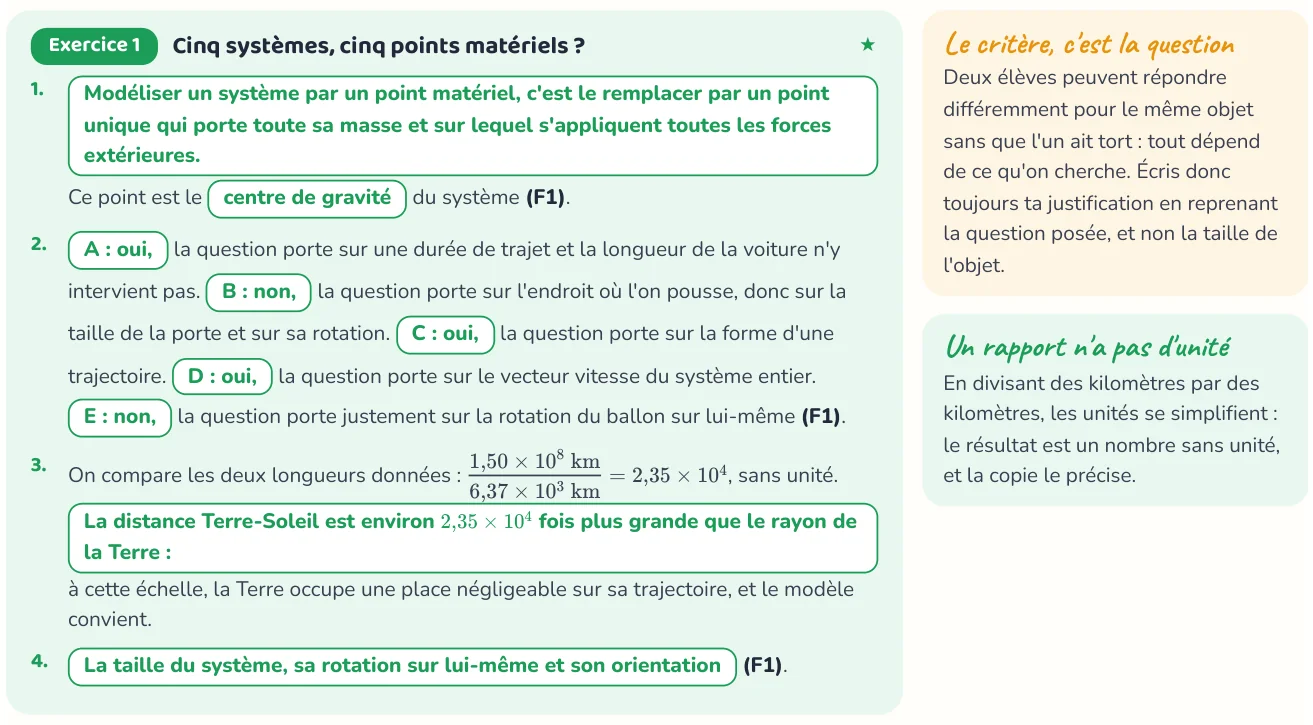 Un corrigé du cahier « Le principe d'inertie et la chute libre ».