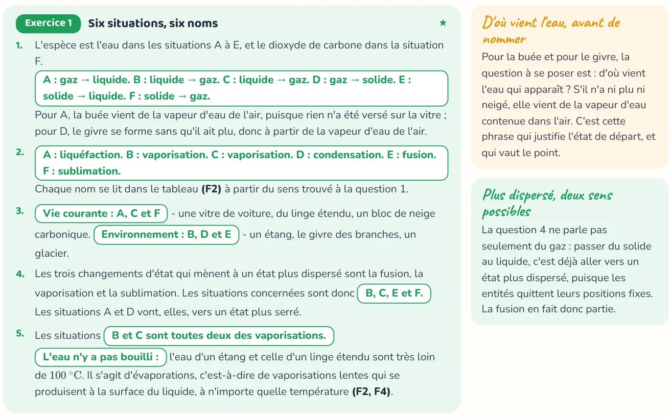 Un corrigé du cahier « Les transformations physiques ».