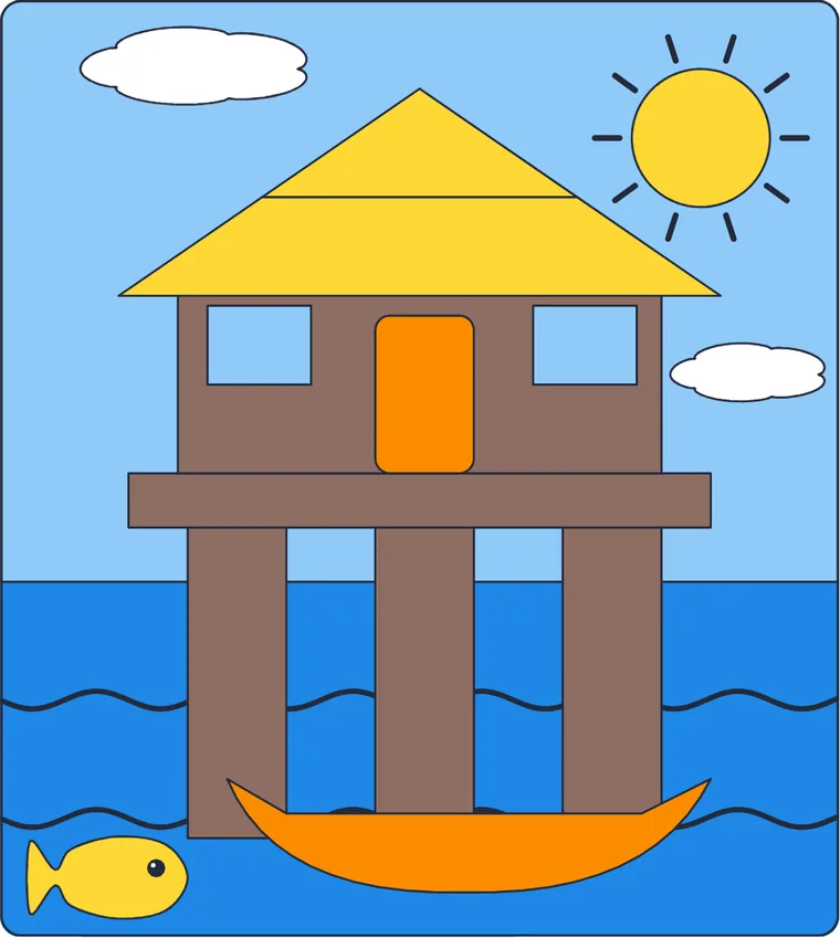 La maison sur pilotis : le dessin une fois colorié