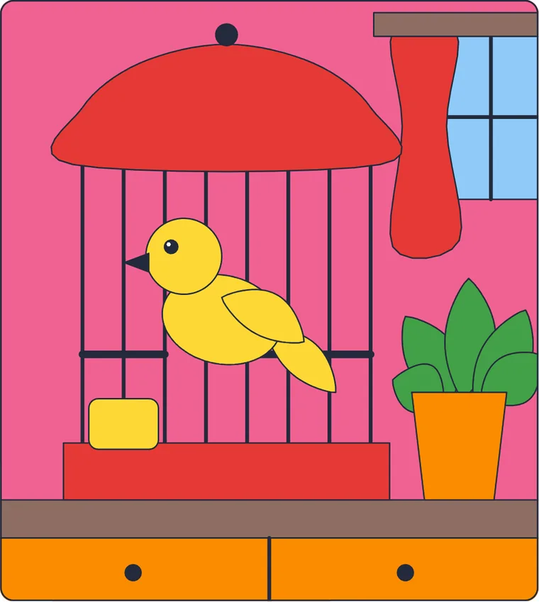 Le canari dans sa cage : le dessin une fois colorié