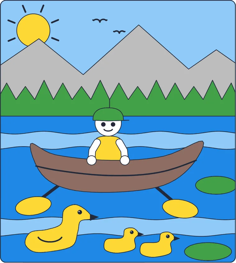 Le lac et la barque : le dessin une fois colorié