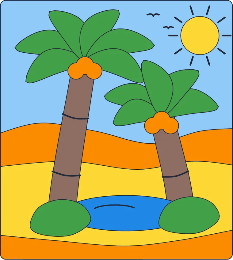 L'oasis : le dessin une fois colorié