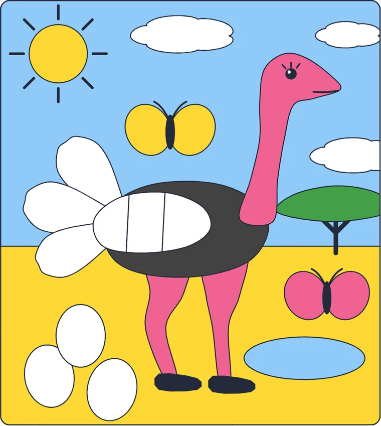 L'autruche : le dessin une fois colorié