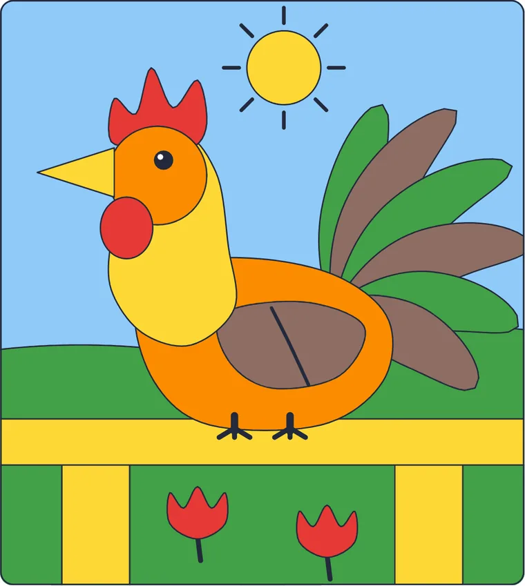 Le coq : le dessin une fois colorié