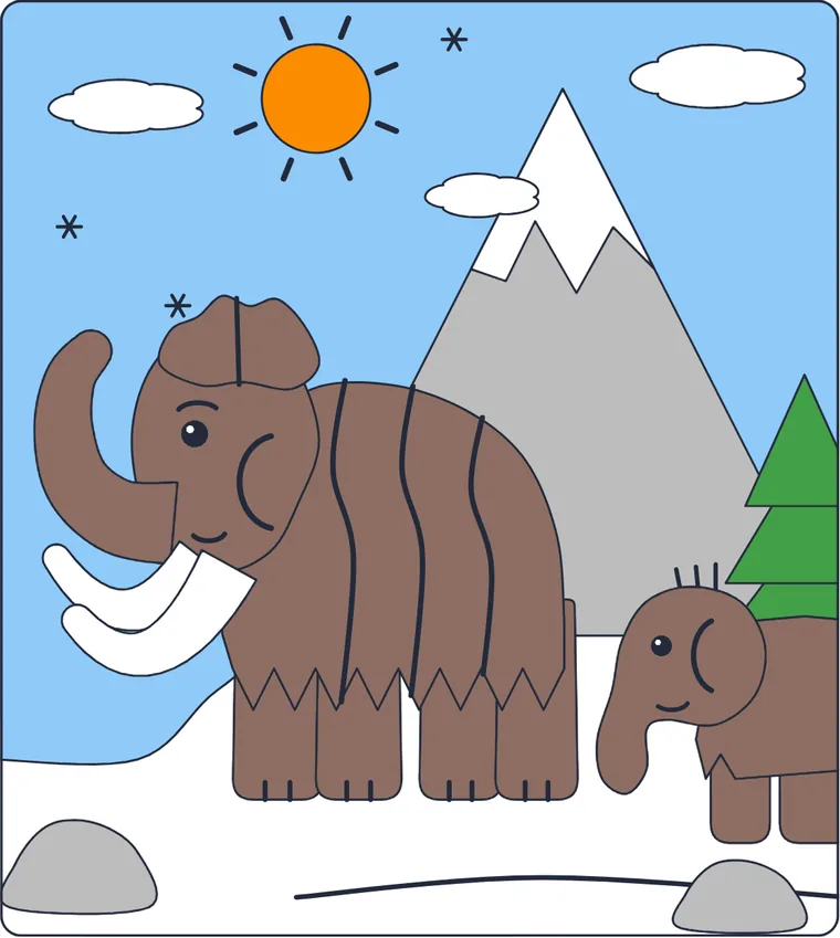 Le mammouth et son petit : le dessin une fois colorié