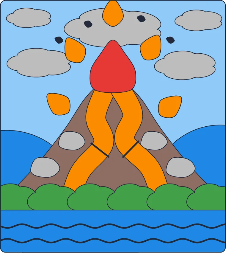 Le volcan : le dessin une fois colorié