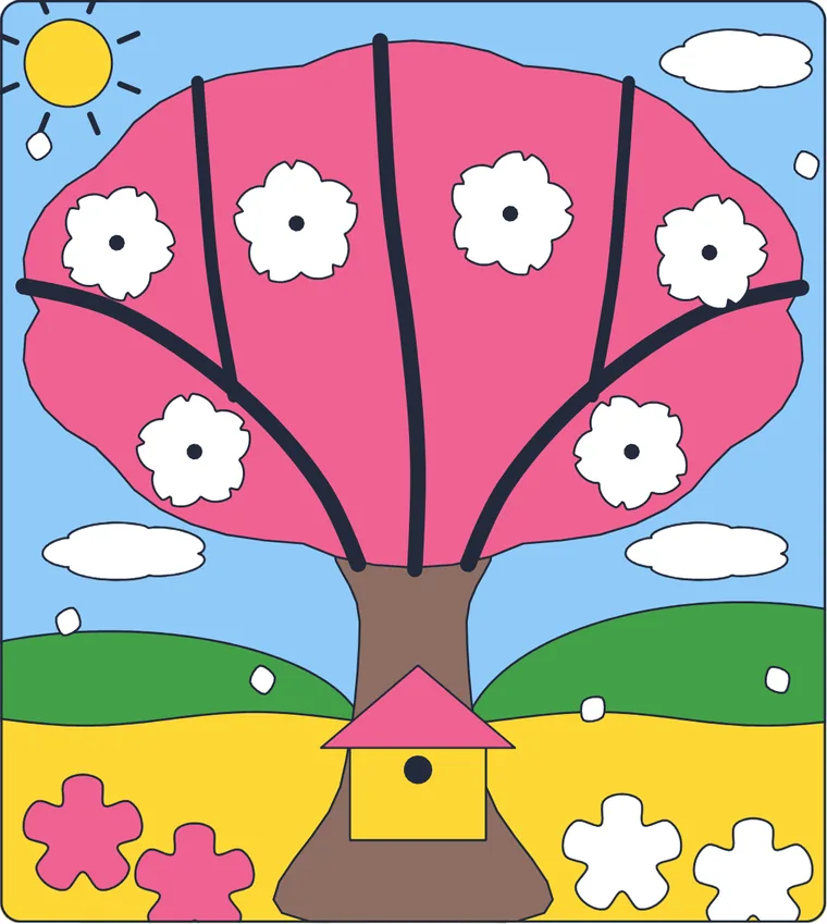 Le cerisier en fleurs : le dessin une fois colorié