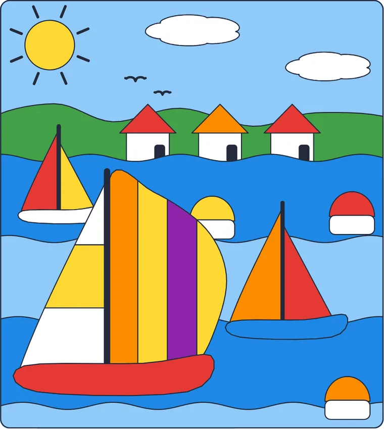 La régate de voiliers : le dessin une fois colorié