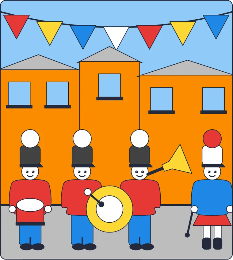 Le défilé de la fanfare : le dessin une fois colorié