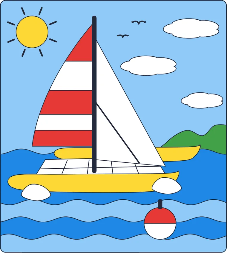 Le catamaran : le dessin une fois colorié
