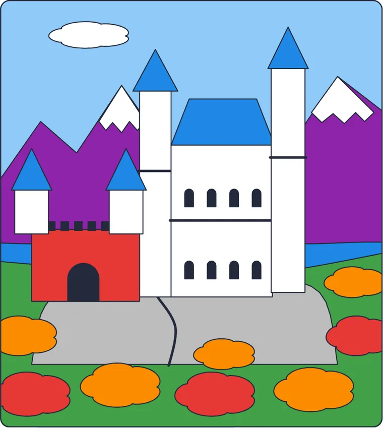 Le château de Neuschwanstein : le dessin une fois colorié