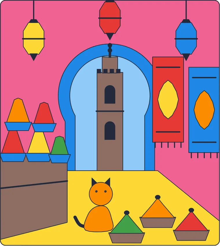 Le souk de Marrakech : le dessin une fois colorié