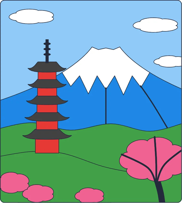 Le mont Fuji : le dessin une fois colorié
