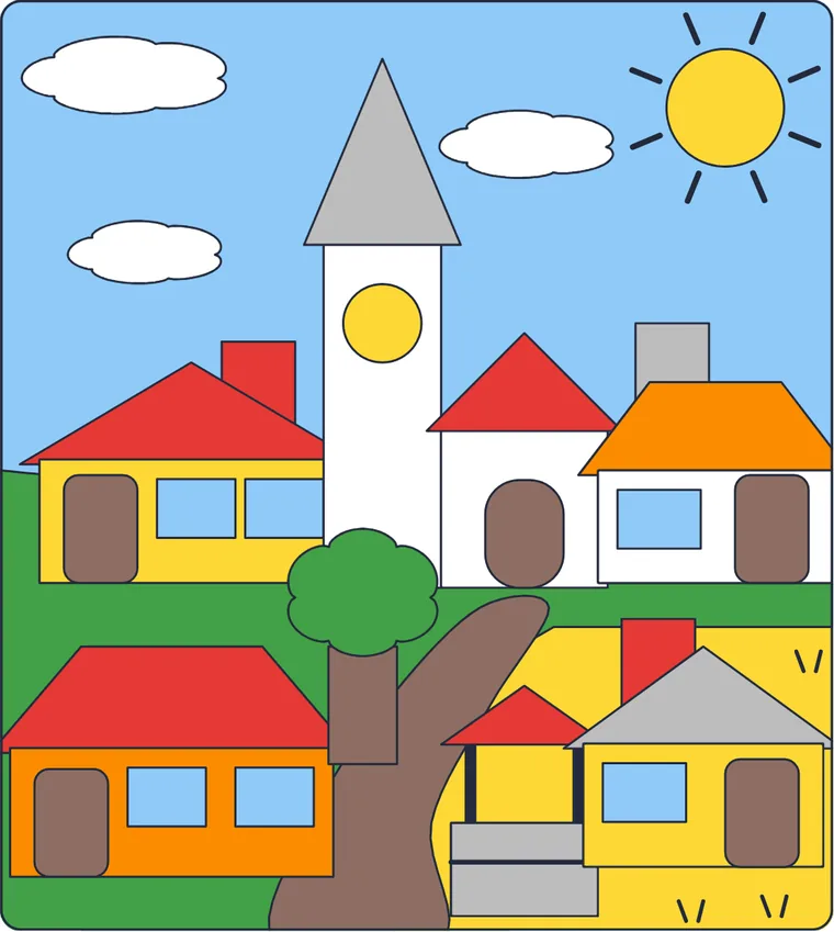 Le village : le dessin une fois colorié
