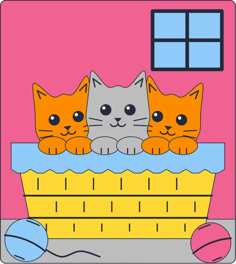 Les chatons dans le panier : le dessin une fois colorié