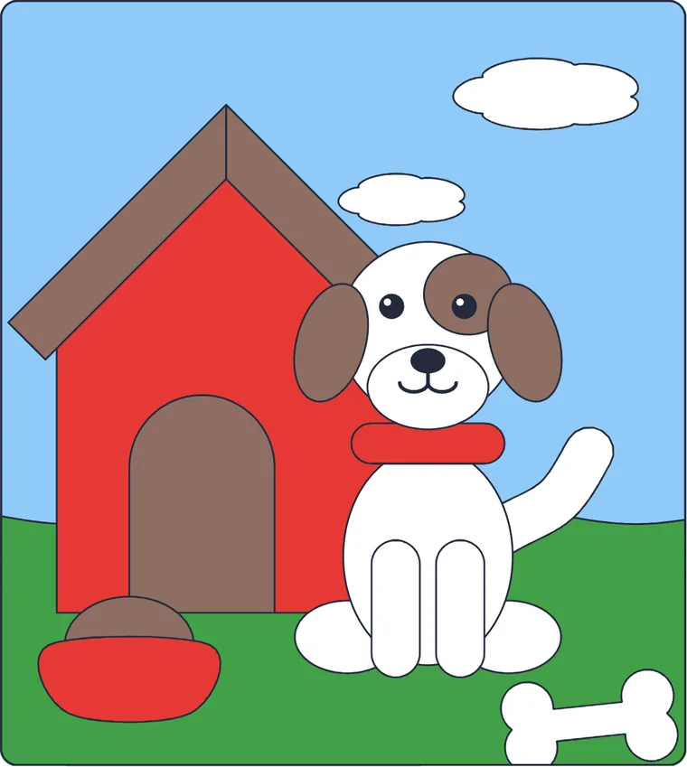 Le chien et sa niche : le dessin une fois colorié