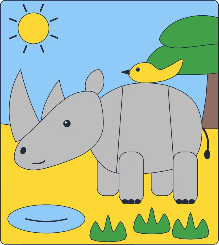 Le rhinocéros : le dessin une fois colorié