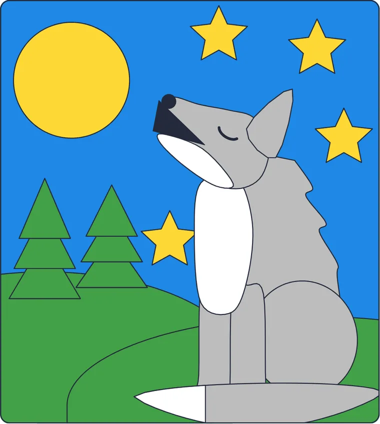 Le loup et la lune : le dessin une fois colorié