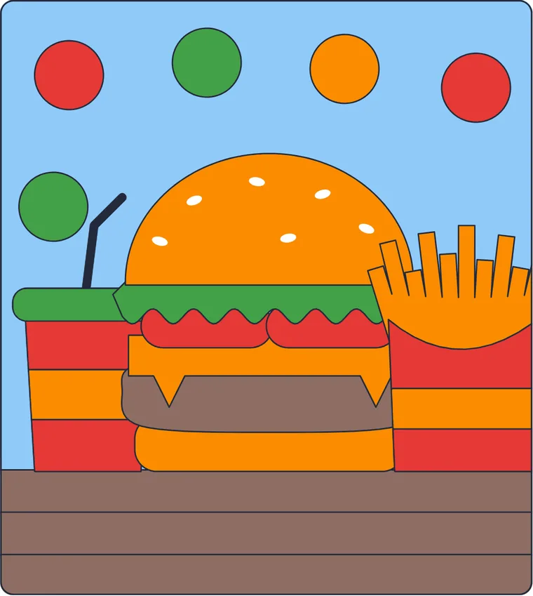 Le hamburger et les frites : le dessin une fois colorié