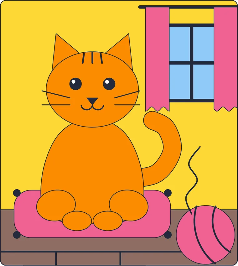 Le chat et la pelote : le dessin une fois colorié