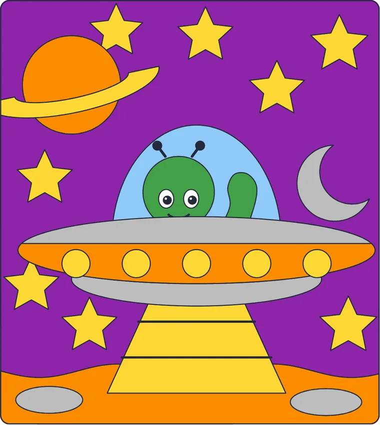 L'extraterrestre et sa soucoupe : le dessin une fois colorié