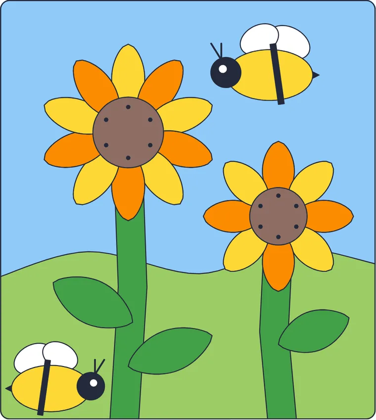 Les tournesols : le dessin une fois colorié