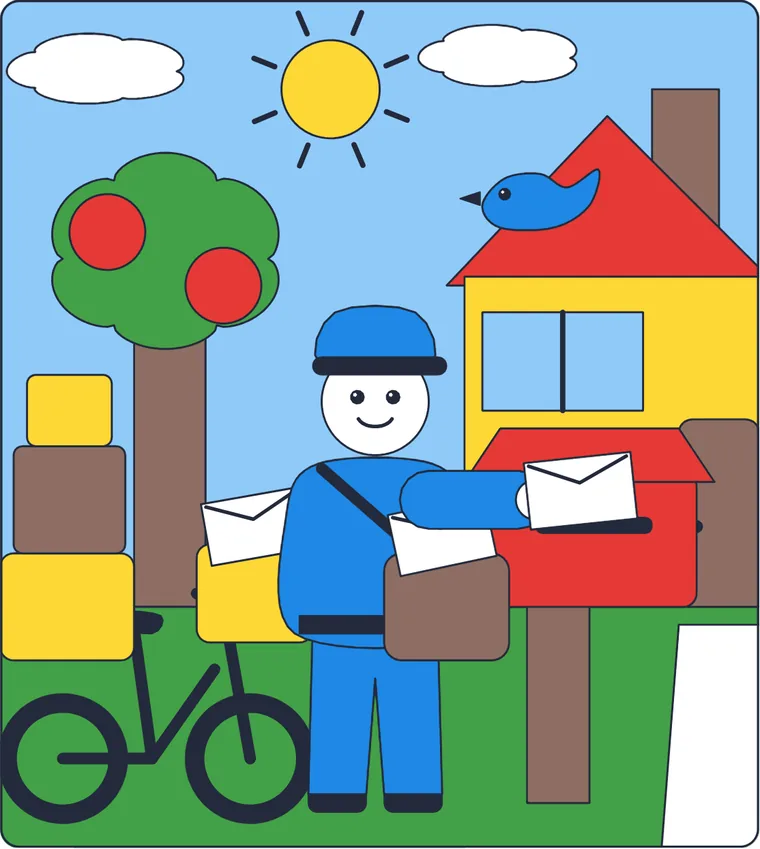 Le facteur et la boîte aux lettres : le dessin une fois colorié