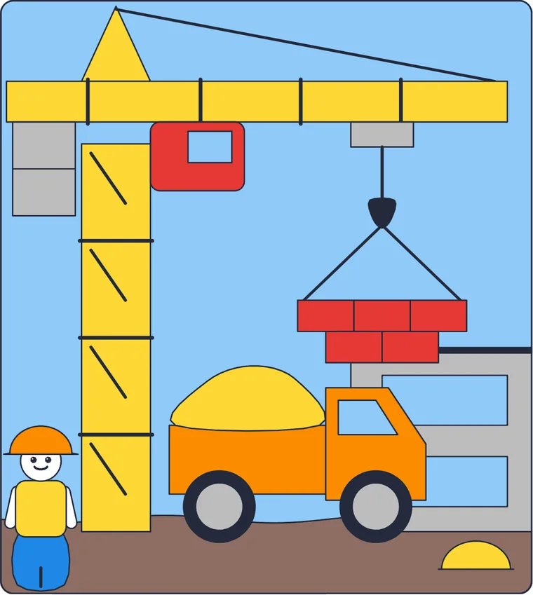 Le chantier et la grue : le dessin une fois colorié
