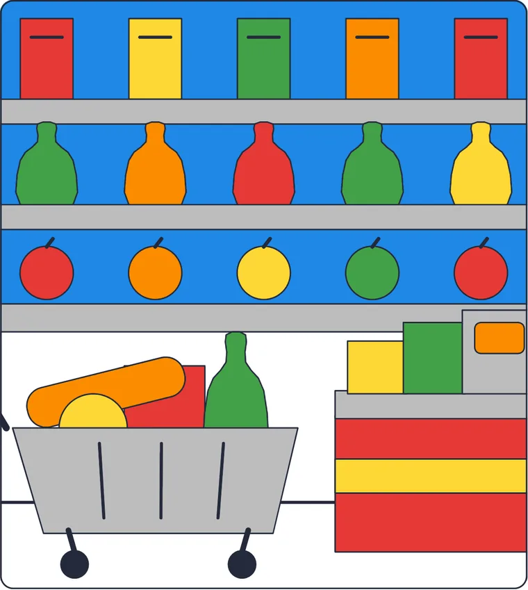 Le supermarché : le dessin une fois colorié
