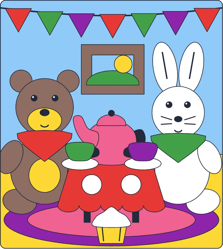 Le goûter des peluches : le dessin une fois colorié