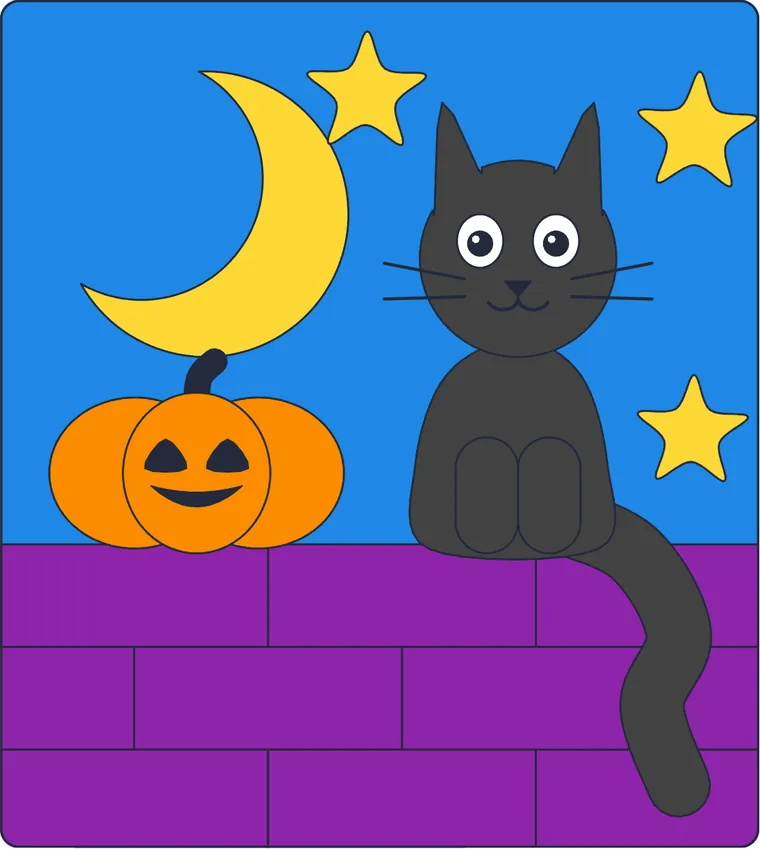 Le chat noir et la lune : le dessin une fois colorié