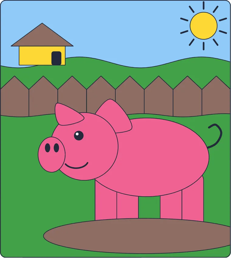 Le cochon : le dessin une fois colorié