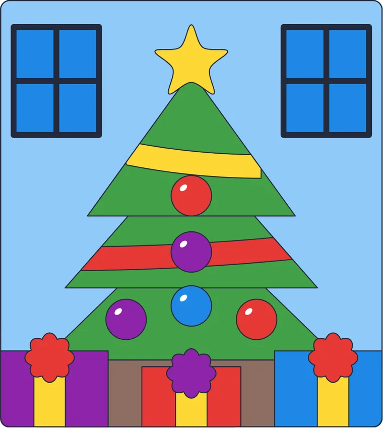 Le sapin de Noël décoré : le dessin une fois colorié