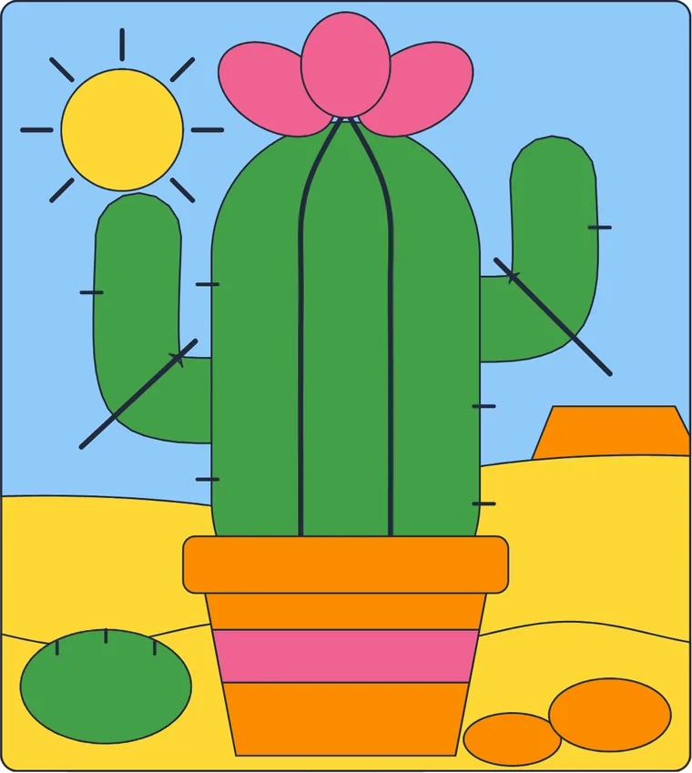 Le cactus en pot : le dessin une fois colorié