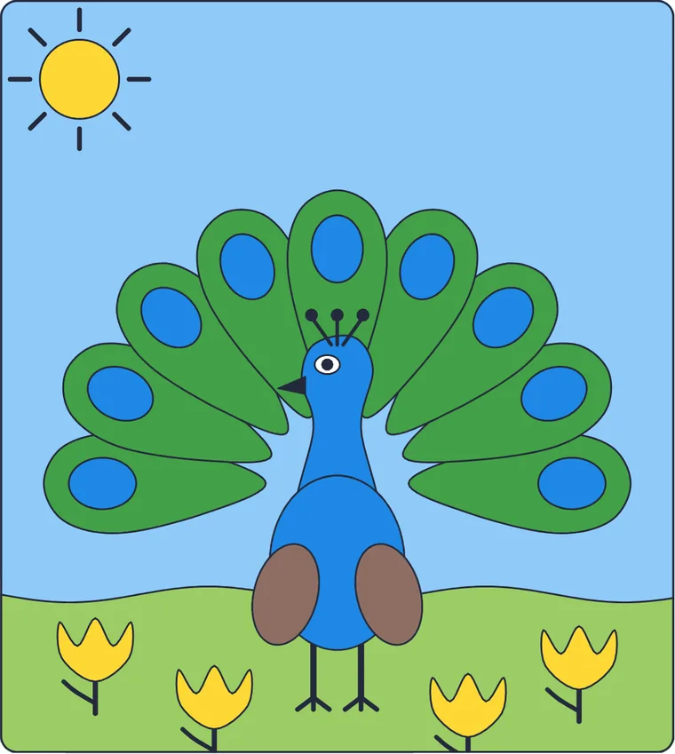 Le paon : le dessin une fois colorié