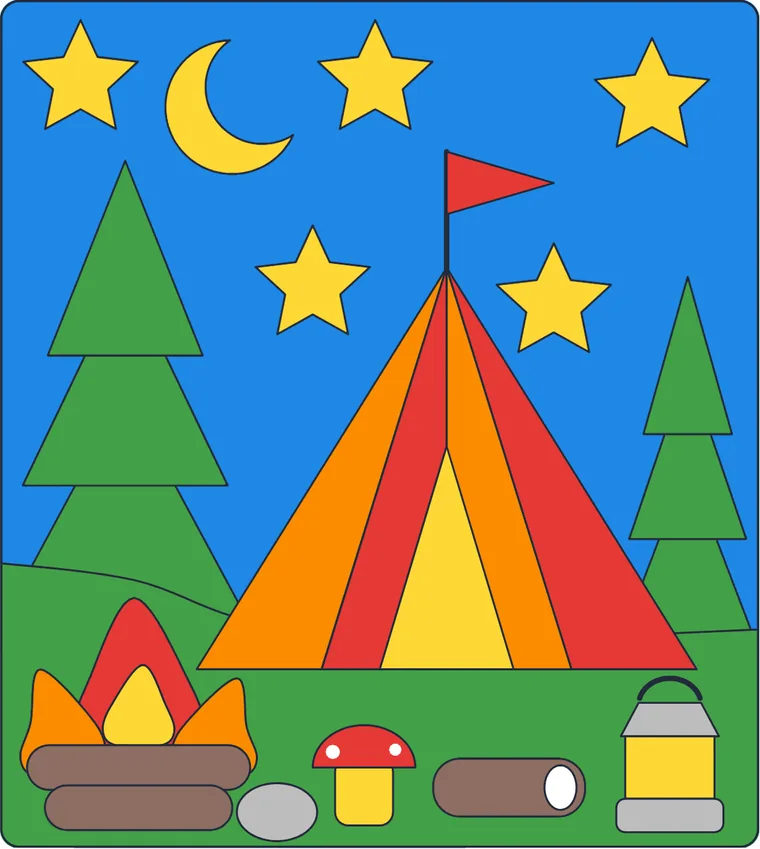 Le camping : le dessin une fois colorié