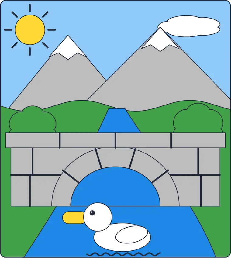 Le pont sur la rivière : le dessin une fois colorié
