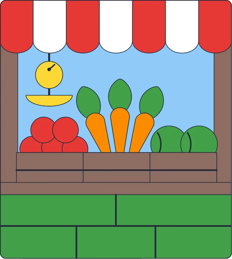 Le marchand de fruits et légumes : le dessin une fois colorié