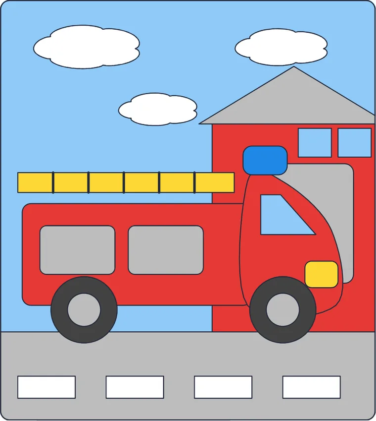 Le camion de pompiers : le dessin une fois colorié