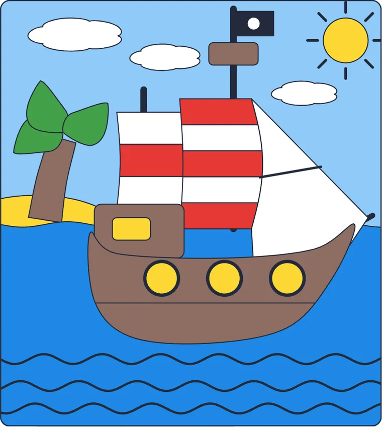 Le bateau pirate : le dessin une fois colorié