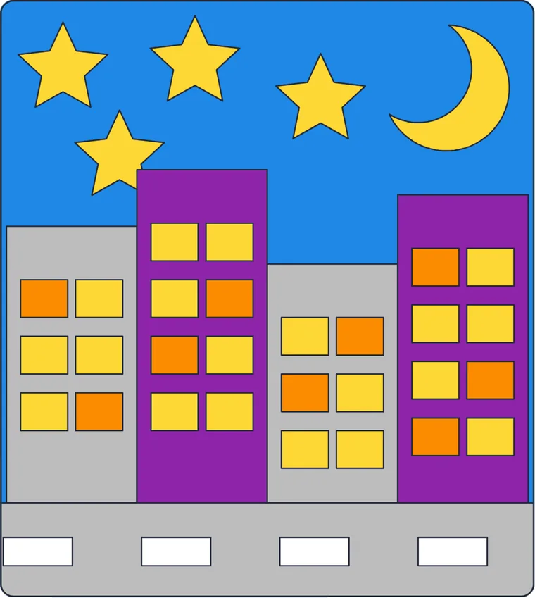 La ville la nuit : le dessin une fois colorié